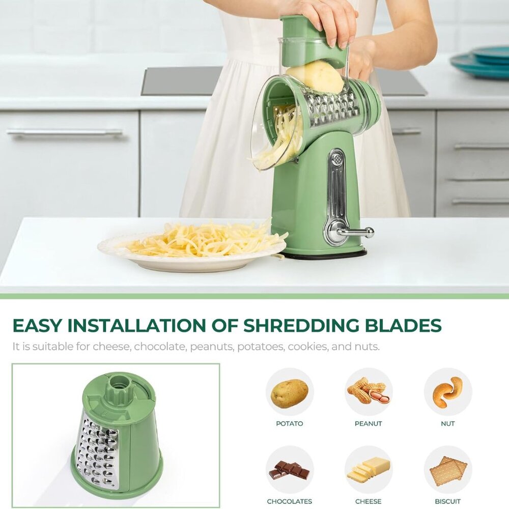 Rotary Cheese Grater w/Handle &5 Blades, Round Slicer & Vegetable Grater Green - Picture 4 of 8